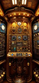 Steampunk style control panel with vintage clocks and gears.