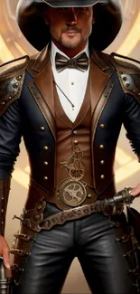 Steampunk cowboy in detailed leather outfit with hat and retro elements.