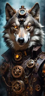 Steampunk cyber wolf with gears and glowing eyes.