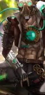 Steampunk cyberpunk warrior with green accents in fantasy art design.