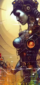 Steampunk cyborg art with gold tones and colorful details in a vibrant wallpaper.