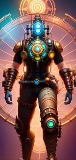 Steampunk cyborg with glowing gears and vibrant orange hues.