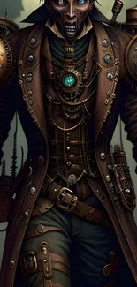 Steampunk cyborg in brown coat with intricate details.