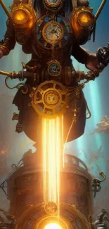 Steampunk diver descending underwater with glowing gears.