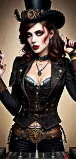 Steampunk DJ in gothic attire with dark, vintage aesthetic.