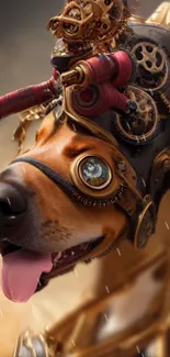 Steampunk dog art with gears and vibrant colors.