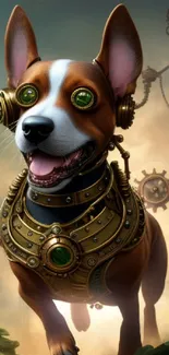 Steampunk dog in futuristic cityscape wallpaper.