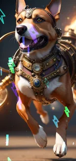 Steampunk armored dog wallpaper with gears and glowing details.