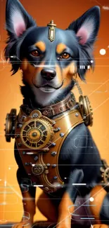 Steampunk dog with gears on orange background.