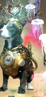 Steampunk robotic dog with gears and clouds in a fantasy setting.