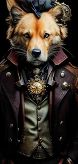 Steampunk dog in ornate Victorian attire.