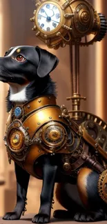 Steampunk dog with mechanical elements in a vintage design.