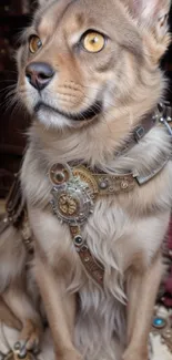 Steampunk styled dog with gears on a mobile phone wallpaper.