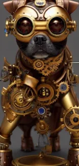 Steampunk dog with brass gears and goggles in a vintage style wallpaper.