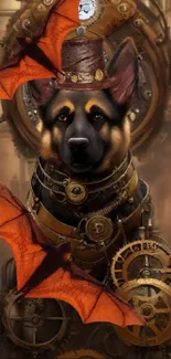 Steampunk German Shepherd with gears and bats.