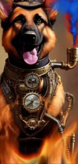 Steampunk dog with fiery surroundings and mechanical elements.