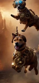 Two steampunk dogs flying with a mystical background.