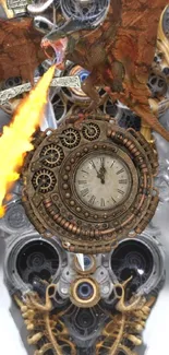 Steampunk dragon with clock gears on mobile wallpaper.