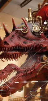 Steampunk dragon with gears and red color theme.