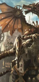 Steampunk dragon overlooking industrial cityscape in fantasy art style.