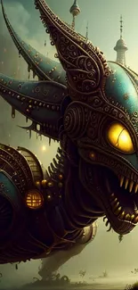 Intricate steampunk dragon art in a fantasy setting.