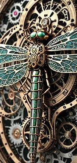 Steampunk dragonfly on intricate gears, bronze tones, mobile wallpaper.