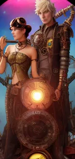 Steampunk duo in vibrant fantasy artwork with colorful background.