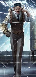 Character in steampunk attire with an electric backdrop.