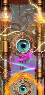 Steampunk wallpaper with electric eyes and vibrant lightning effects.