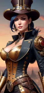 Woman in steampunk attire with city skyline background.