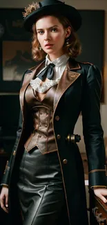 Steampunk fashion model in elegant attire, featuring leather and vintage details.