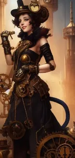 Steampunk woman in elegant attire with gears and cat background.