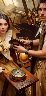 Steampunk-inspired couple in elegant attire with mechanical elements.