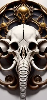 Steampunk elephant skull art with intricate metallic design and gold accents.