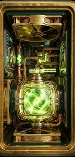 Steampunk energy core with green glow and gold details.