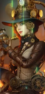 Steampunk adventurer with gadgets and vintage accessories in vibrant artwork.