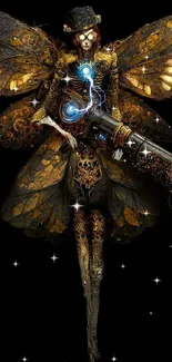 Intricate steampunk fairy with glowing elements on a dark background.