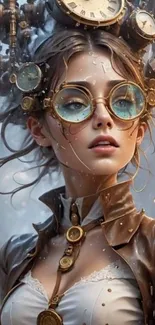 Steampunk fantasy scene with intricate design and goggles.