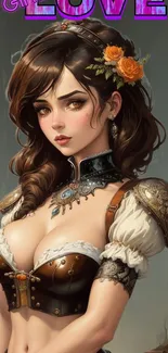 Steampunk fantasy art of a woman with ornate details and rich colors.