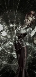 Steampunk fantasy art with clock and mystical figure.