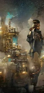 Steampunk fantasy art with mystical cityscape and figures, bronze and blue tones.