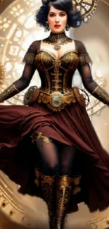 Steampunk character with gears and Victorian outfit in a fantasy art wallpaper.