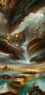 Steampunk fantasy wallpaper with clockwork and surreal elements.