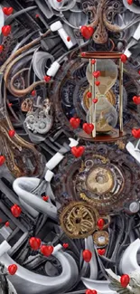 Steampunk fantasy wallpaper with gears, hourglass, and floating red hearts.