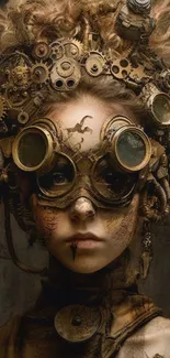 Steampunk fantasy figure with gears and goggles.