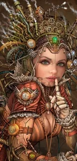 Steampunk fantasy artwork with a mystical, mechanical theme.