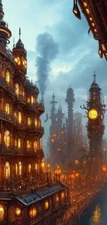 Steampunk cityscape with glowing lights against a misty sky.