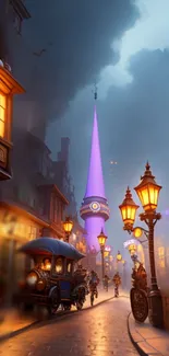 Steampunk fantasy city with glowing lanterns and a tall purple tower.