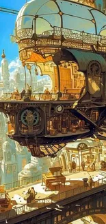 Steampunk cityscape with flying machine and architecture.