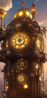 Steampunk cityscape with gears and glowing clocks against a sunset sky.